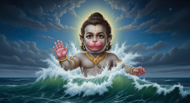 Ai generated image of an adorable baby hanuman playfully emerges from the ocean waves