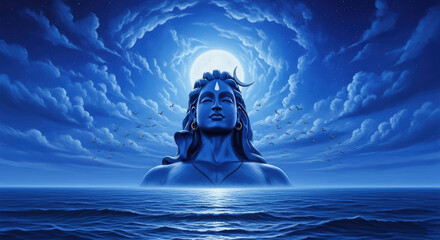 Ai generated image of a majestic statue of lord shiva emerges from the ocean under a tranquil night sky