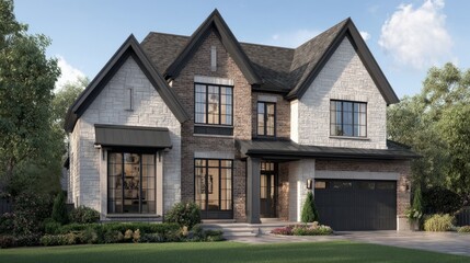 Elegant suburban home with brick and siding textures, manicured lawn and pathway lighting, bathed in golden sunlight - timeless charm and modern co
