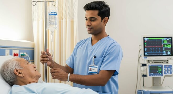 Ai generated image of a male nurse carefully adjusts an iv drip for an elderly patient in a hospital room