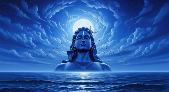 Ai generated image of a majestic statue of lord shiva emerges from the ocean under a tranquil night sky