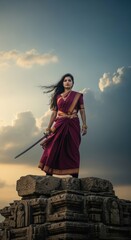 Fototapeta premium Ai generated image of a powerful woman warrior stands on ancient ruins