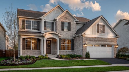 Fototapeta premium Elegant suburban home with brick and siding textures, manicured lawn and pathway lighting, bathed in golden sunlight - timeless charm and modern co 