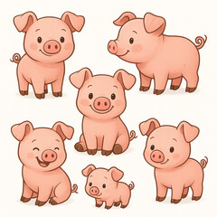 set of six funny pigs