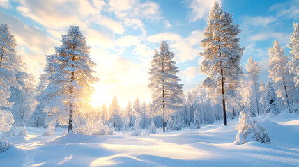 Obraz premium Incredible winter landscape with snowcapped pine trees under bright sunny light in frosty morning. Amazing nature scenery in winter mountain valley. Awesome natural Background. Soft light effect