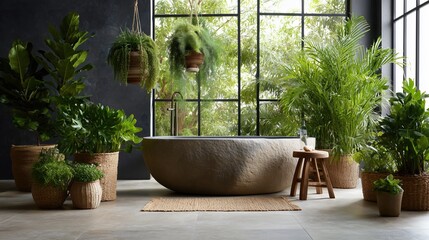 Luxurious bathroom interior design with stone bathtub, surrounded by lush greenery and natural light.