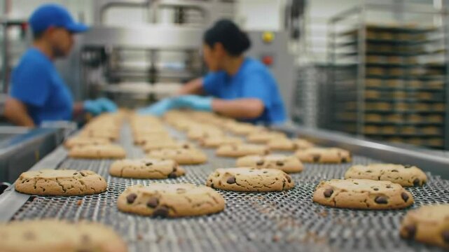 Workers in a factory preparing fresh chocolate chip cookies.