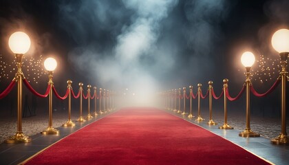 A red carpet leads toward a hazy, spotlighted exit, lined with gold stanchions and velvet ropes.
