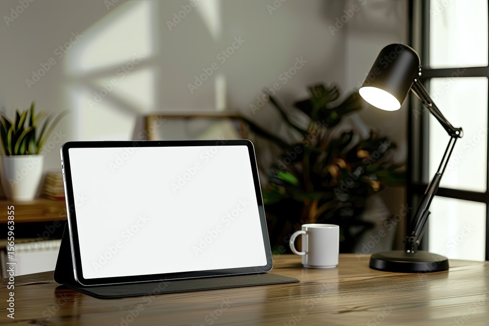 Aufkleber detailed color image of front view desktop and tablet screen mockup on the table
