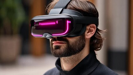 Profile shot of a man with brown hair and beard, wearing generic VR goggles with pink neon lights. He's in a black shirt, against a blurred background of plants and architectural details. Medium - Powered by Adobe