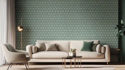 Interior living room view with a couch, chair, and patterned wallpaper feature wall