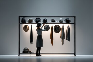 Elegant Woman Choosing Stylish Hats and Coats in Chic Minimalist Fashion Boutique Display