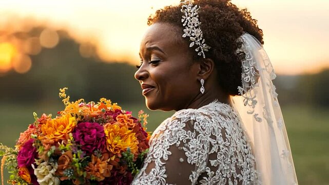 Close-up of smiling African-American bride in white lace gown with colorful bouquet, against a blurred sunset backdrop, radiating joy and elegance in a natural outdoor setting