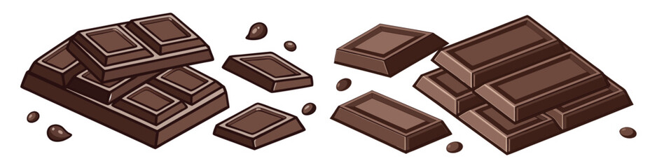 Dark chocolate bar pieces and chunks. Sweet dessert or candy ingredient for packaging design. Realistic vector illustration isolated on a transparent background.