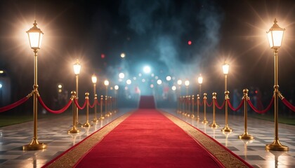 A red carpet glows under the spotlights, leading to a night of mystery and celebration ahead.