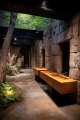 Luxurious washroom with natural stone wall and modern design, a visual representation of comfort and relaxation. It depicts an exquisite fusion of contemporary architecture and raw natural beauty.