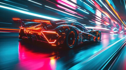 Naklejka premium Futuristic sports car speeding in neon city