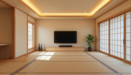 Interior design flat panel television. Modern minimalist interior with a TV and sliding doors.
