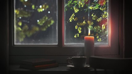 Rain and raindrops flowing on a glass window and relaxing rain sound ASMR, night rainy scenery with candles, books and teacups on a desk
- Powered by Adobe