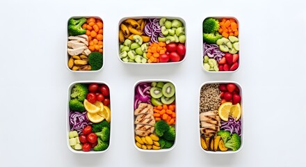 Six Healthy Meal Prep Containers with Chicken, Quinoa, Fruits and Vegetables