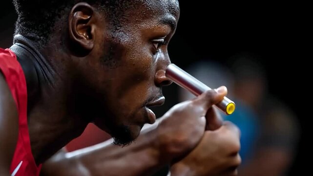 Close up on a focused athlete in a red shirt gripping a silver relay baton with a yellow tip, preparing for a race against a dark background