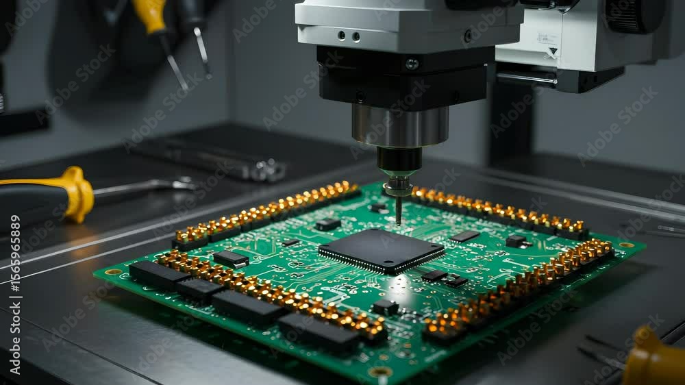 Poster green circuit board under machine with tools emphasizing technology precision and manufacturing on a