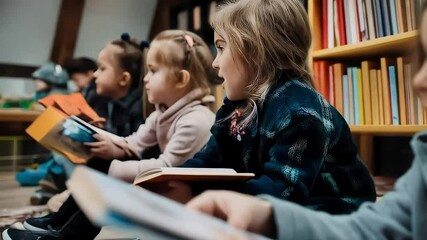 An adult gives books to a group of excited, laughing children sitting together, who react with pure joy and happiness - Powered by Adobe