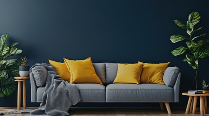 Gray sofa with yellow pillows, plants