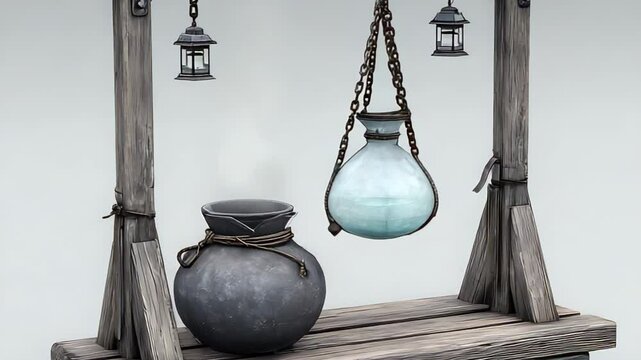 Medieval potion stand with hanging jars