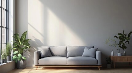 Bright, modern room with gray sofa, window light, plants, and wooden floor