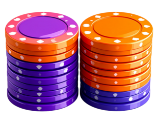 Stacks of Glossy Orange and Purple Game Tokens Isolated on Transparent Background