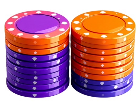Stacks of Glossy Orange and Purple Game Tokens Isolated on Transparent Background - Powered by Adobe
