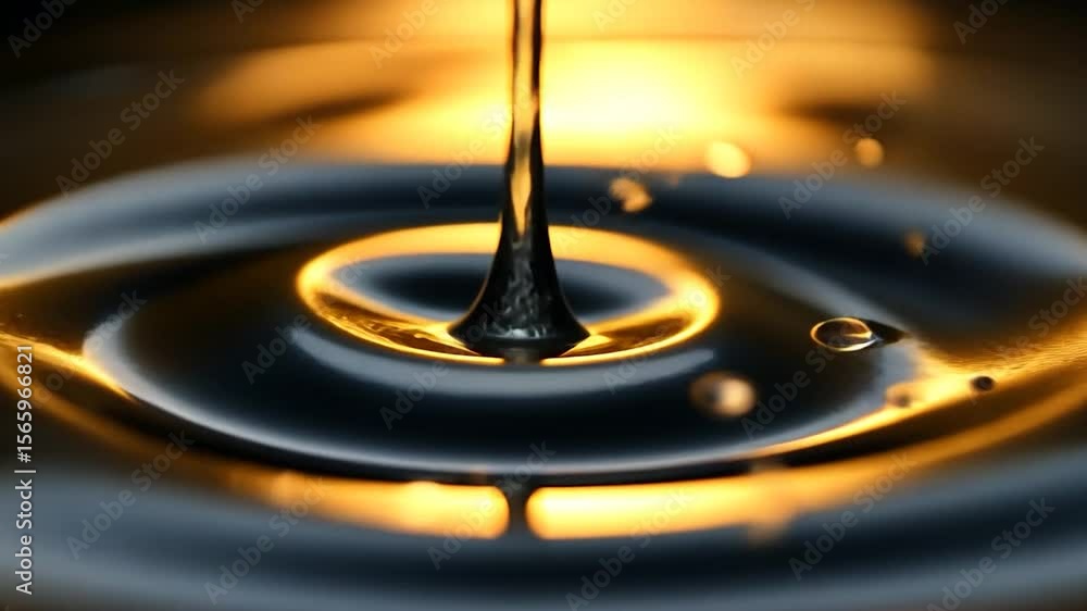 Poster macro shot of liquid falling and creating ripples on water surface, illuminated with golden yellow l
