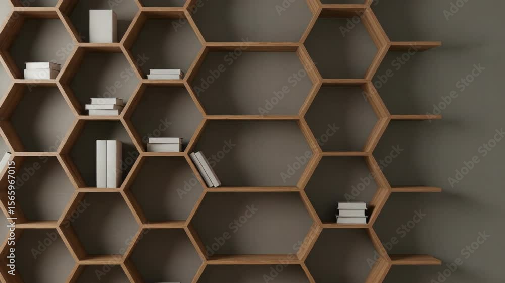 Poster honeycomb bookshelf design on gray wall holds white books and decorative objects inside a modern int