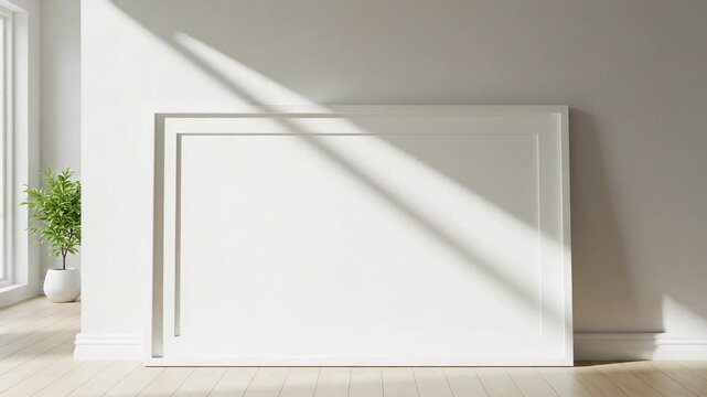 Horizontal White Frame Mockup on Parquet Floor with Sunlight on Wall in Minimalist Interior And a Green Plant in Pot Near Window