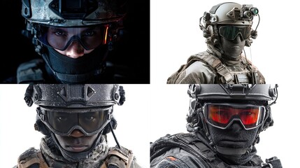 Tactical Unit Individuals wear protective gear, helmets, goggles, and full tactical loadouts