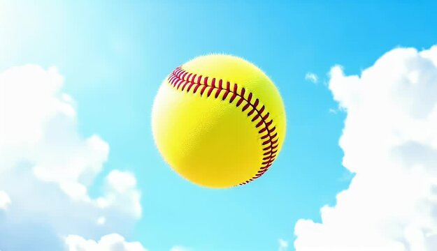 Softball Soaring Through Sunny Skies A Vibrant Image of a Yellow Softball Against a Blue Sky with Fluffy White Clouds