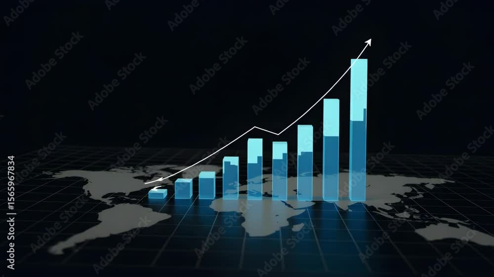Aufkleber increasing blue bar graph with upward trending line on dark world map background