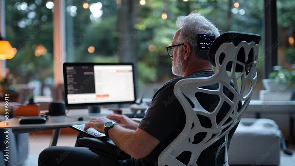 Aufkleber an individual with gray hair sits in a modern white and black ergonomic chair, typing on a keyboard 