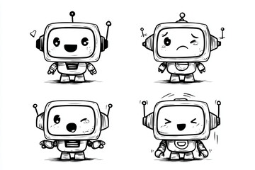 A fun, retro vector illustration featuring a set of funny cartoon robot and android icons, perfect for representing vintage toy machine technology