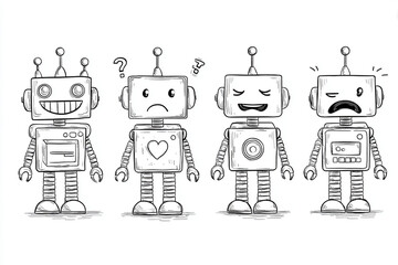 A fun, retro vector illustration featuring a set of funny cartoon robot and android icons, perfect for representing vintage toy machine technology