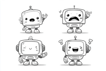 A fun, retro vector illustration featuring a set of funny cartoon robot and android icons, perfect for representing vintage toy machine technology