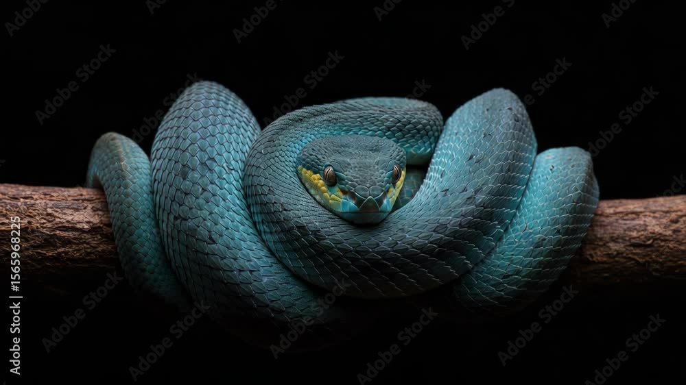 Poster intricate coiled blue snake resting on a branch with a dark background