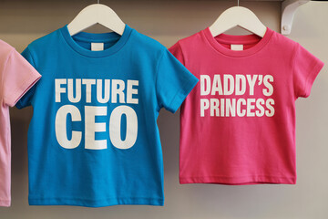 Naklejka premium Pink and blue children’s shirts with stereotypical CEO and princess text, highlighting early gender norms and societal expectations.