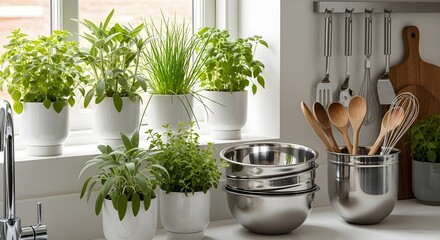 Fresh Herbs in White Pots and Stainless Steel Mixing Bowls in Modern Kitchen Setting