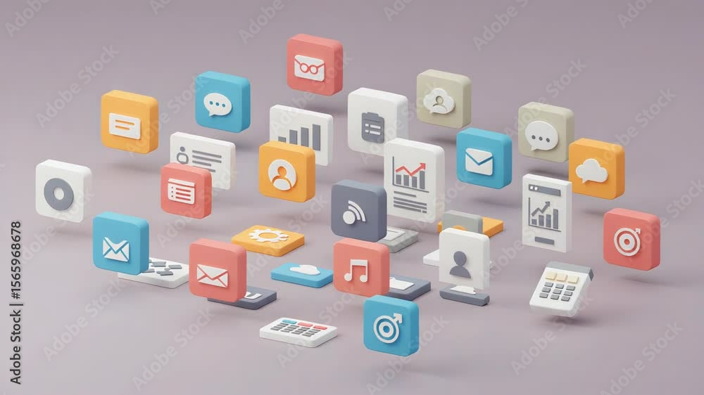 Poster isometric pixel art app icons on purple background with diverse symbols rendered in an 8 bit style f