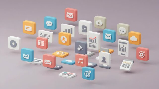 Isometric Pixel Art App Icons on Purple Background with Diverse Symbols Rendered in an 8 bit Style for Digital Interfaces