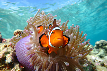 Colorful Clownfish Swimming Near Coral Anemone