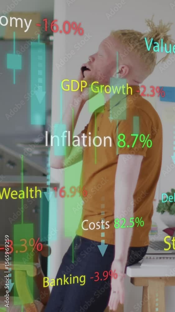 Poster animation of data processing over albino african american man using smartphone