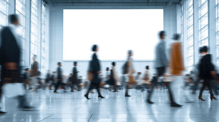 Obraz premium A white banner and LED billboard with motion blur on the LED screen in the hall reflect the dynamic, modern style of the building interior.